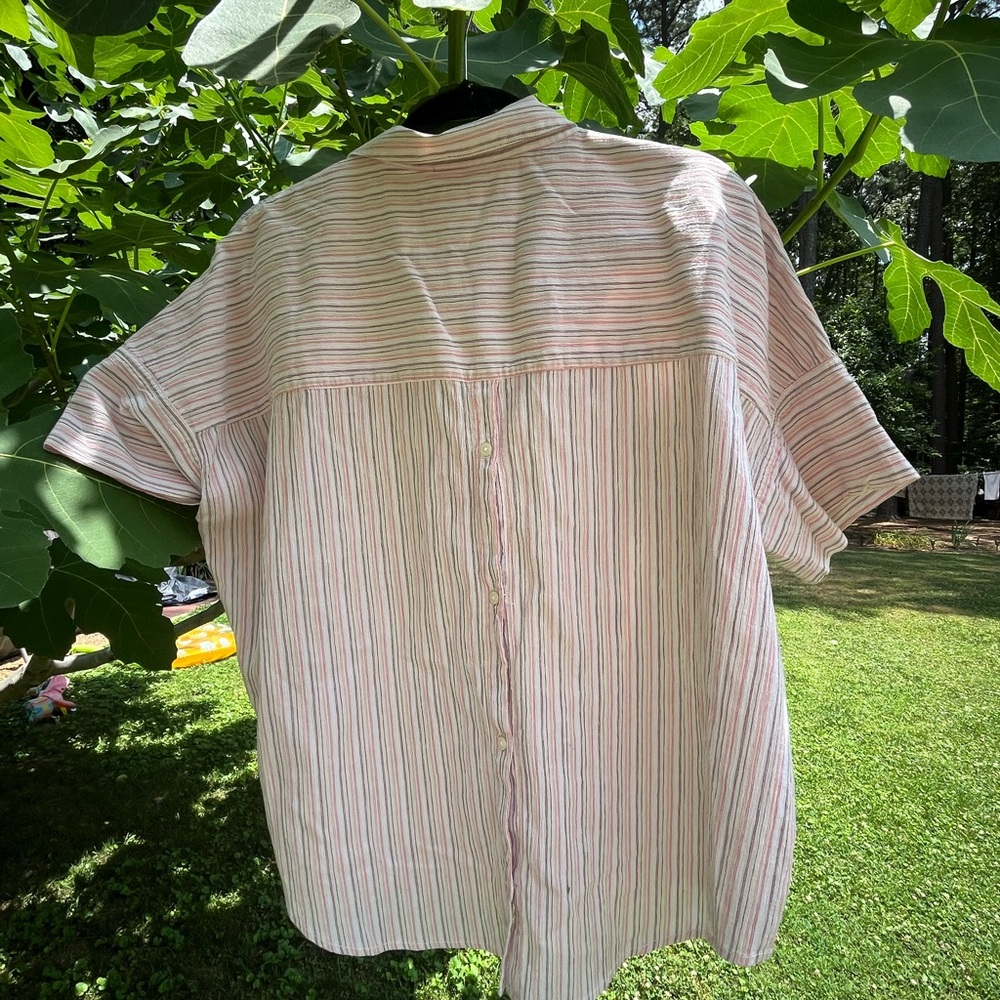 Madewell Striped Button-Back Short Sleeve Blouse in White and Pastel Stripes